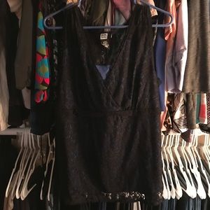 Black overlay blue lace back tie v-neck top